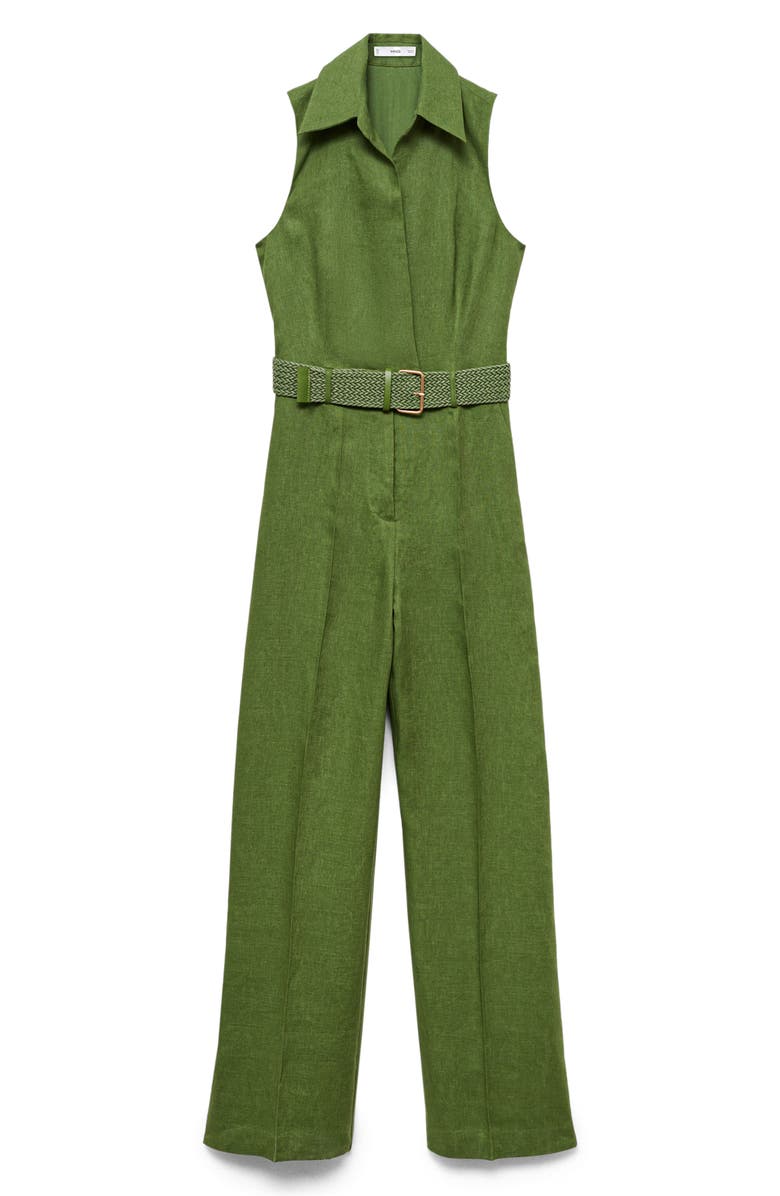 MANGO Belted Linen Jumpsuit, Main, color, Green