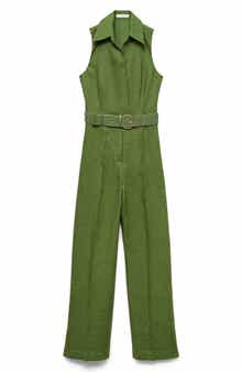 MANGO Belted Linen Jumpsuit