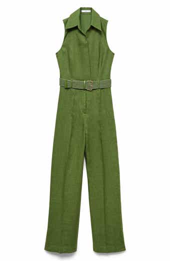 MANGO Belted Linen Jumpsuit
