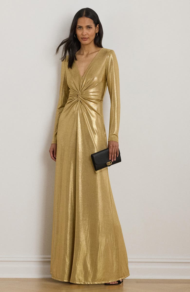 Lauren Ralph Lauren Nadira Metallic Long Sleeve Jersey Gown, Alternate, color, Relic Gold/ Gold Foil