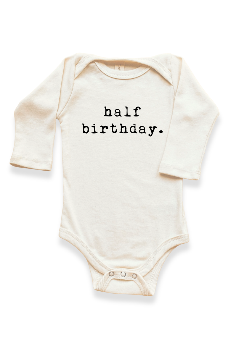 Half Birthday - Organic Long Sleeve Baby Bodysuit, Main, color, Natural Black Lettering