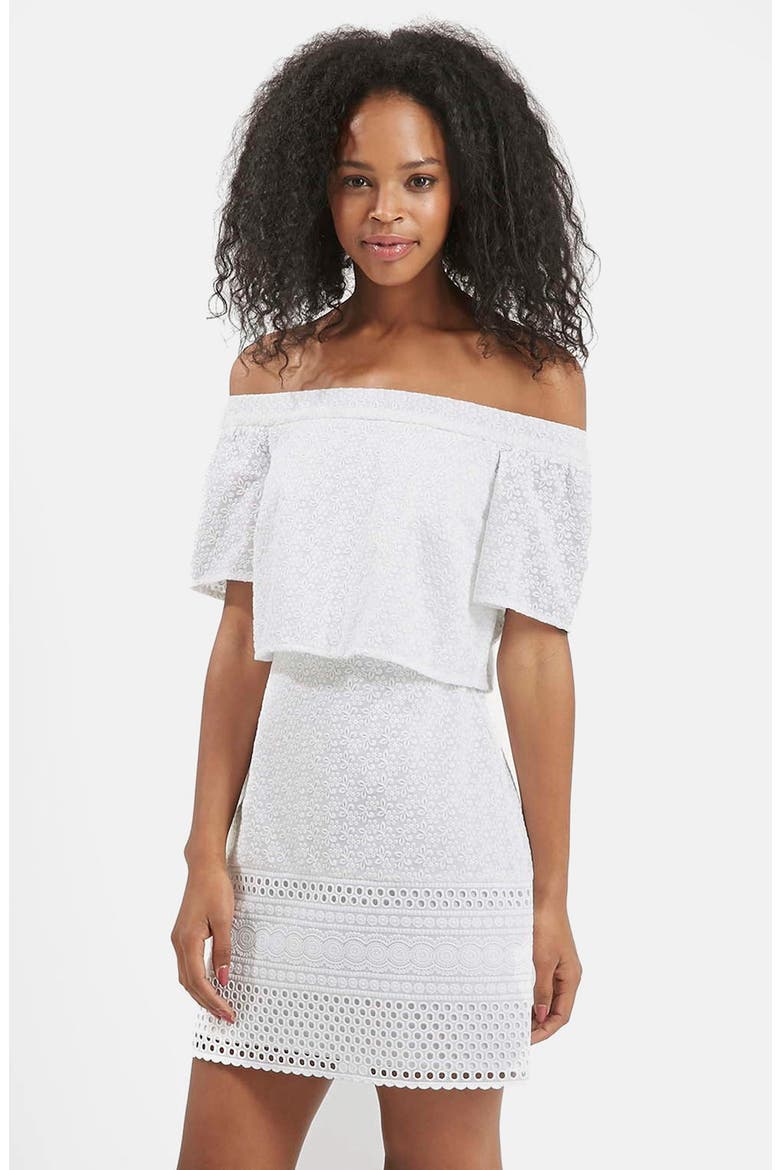 Embroidered Off the Shoulder Dress, Main, color, WHITE
