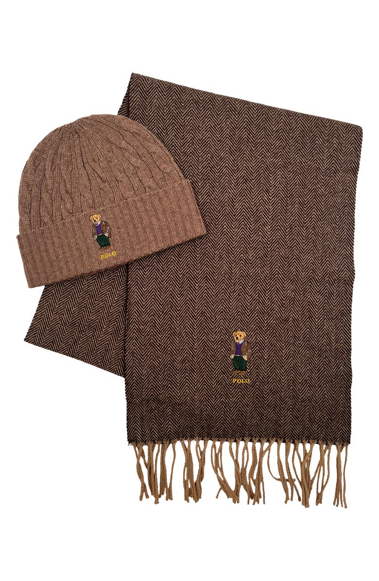 Polo Ralph Lauren Gents Bear Scarf & Beanie Boxed Gift Set, Main, color, 