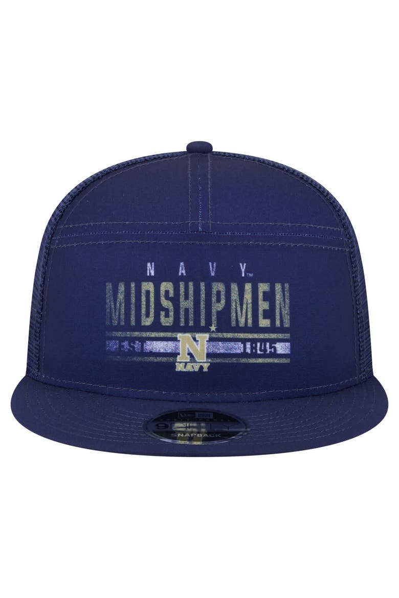 Men's New Era Navy Navy Midshipmen Split Panel 9FIFTY Snapback Trucker Hat, Alternate, color, Navy