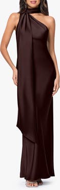 Betsy & Adam Asymmetric Tie Neck Satin Dress