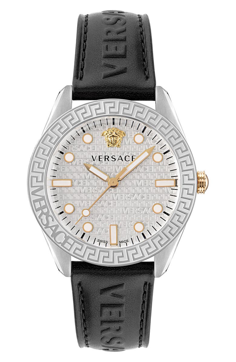 Versace Greca Dome Leather Strap Watch, 42mm, Main, color,