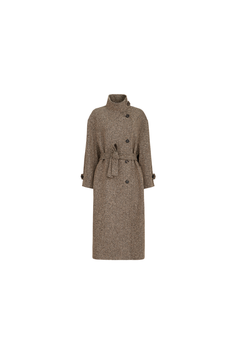 Sparkling virgin wool chevron belted coat with monili, Alternate, color, Light Brown