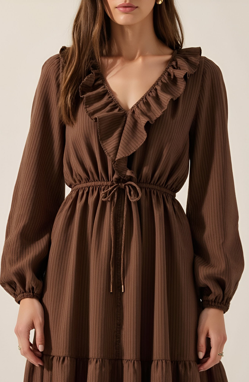 Modenaire Textured Stripe Maxi Dress With V-neck Flounce Ruffle, Bubble Sleeves And Side Slit In Brown