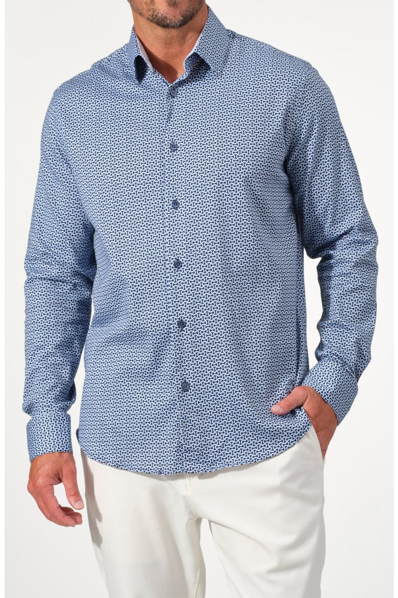 Interlink Geo Print Stretch Cotton Shirt, Main, color, NAVY