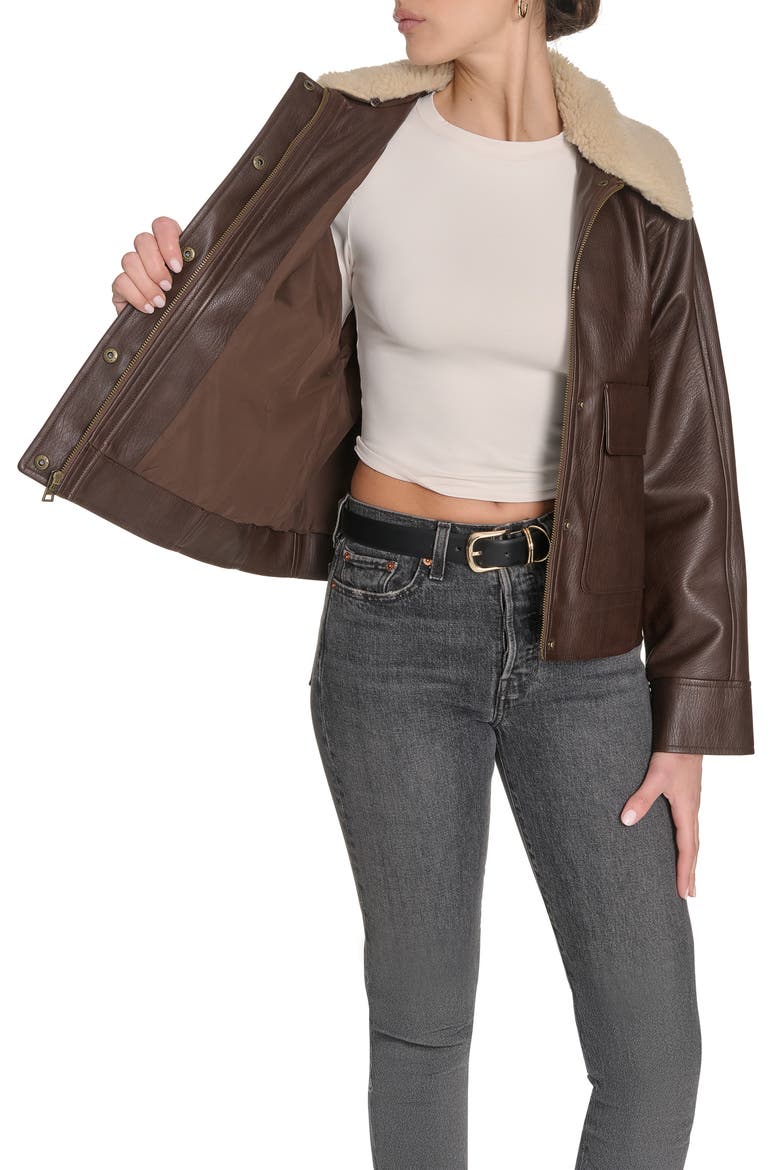 Faux Leather Aviator Jacket with High Pile Fleece Collar, Alternate, color, BROWN/ CREAM