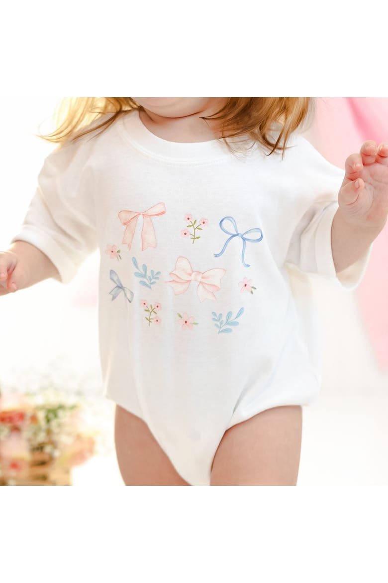 Floral & Bow Watercolor Short Sleeve Romper, Alternate, color, White