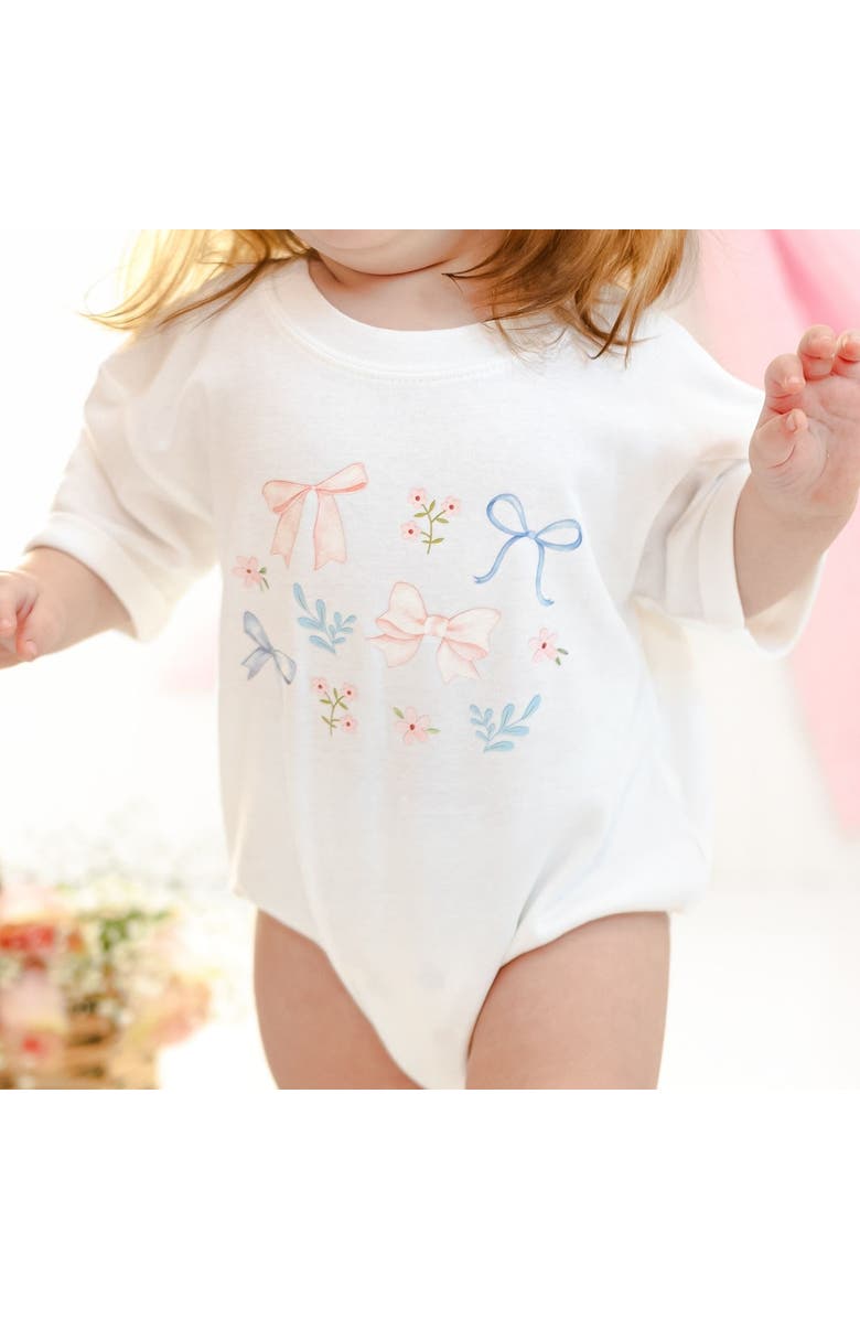 Sweet Wink Floral & Bow Watercolor Short Sleeve Romper, Alternate, color, White