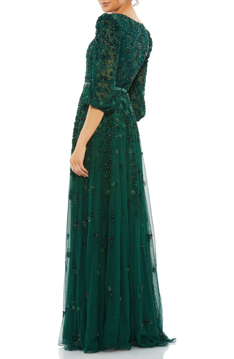 Mac Duggal Embellished V Neck 3/4 Sleeve A Line Gown, Alternate, color, Deep Emerald