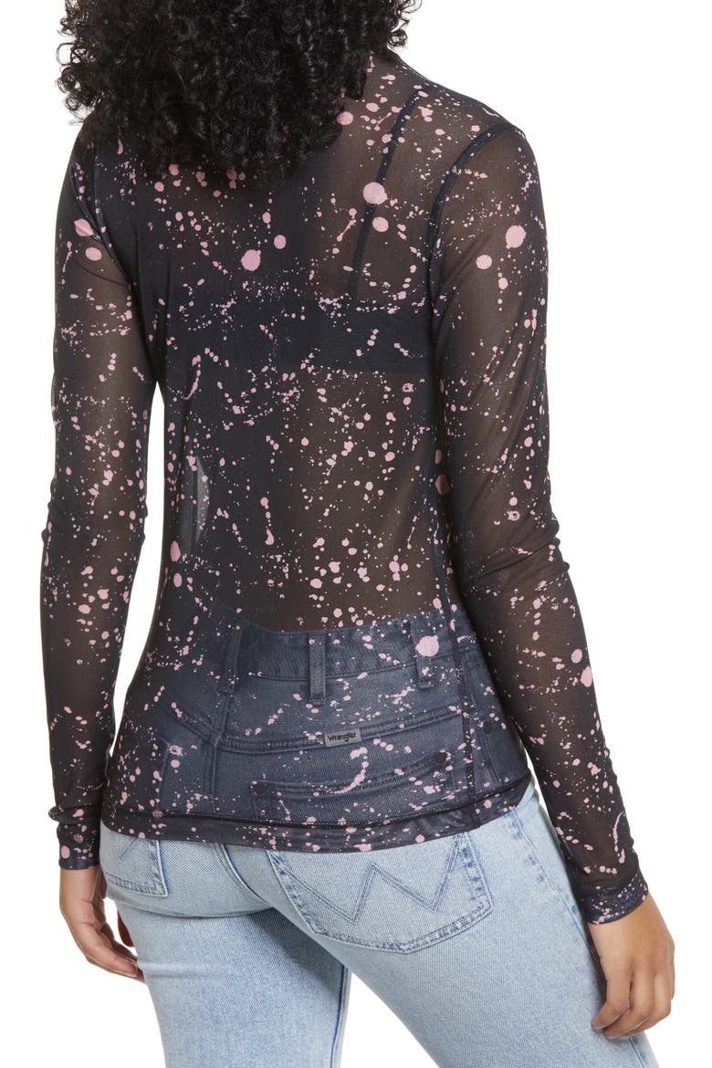 Pride Gender Inclusive Print Mesh Mock Neck Top, Alternate, color, BLACK- PINK PAINT SPRAY