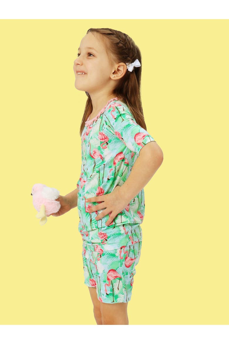 Ruffle Short Sleeve Pajama Set, Alternate, color, Green Vibrant Flamingo