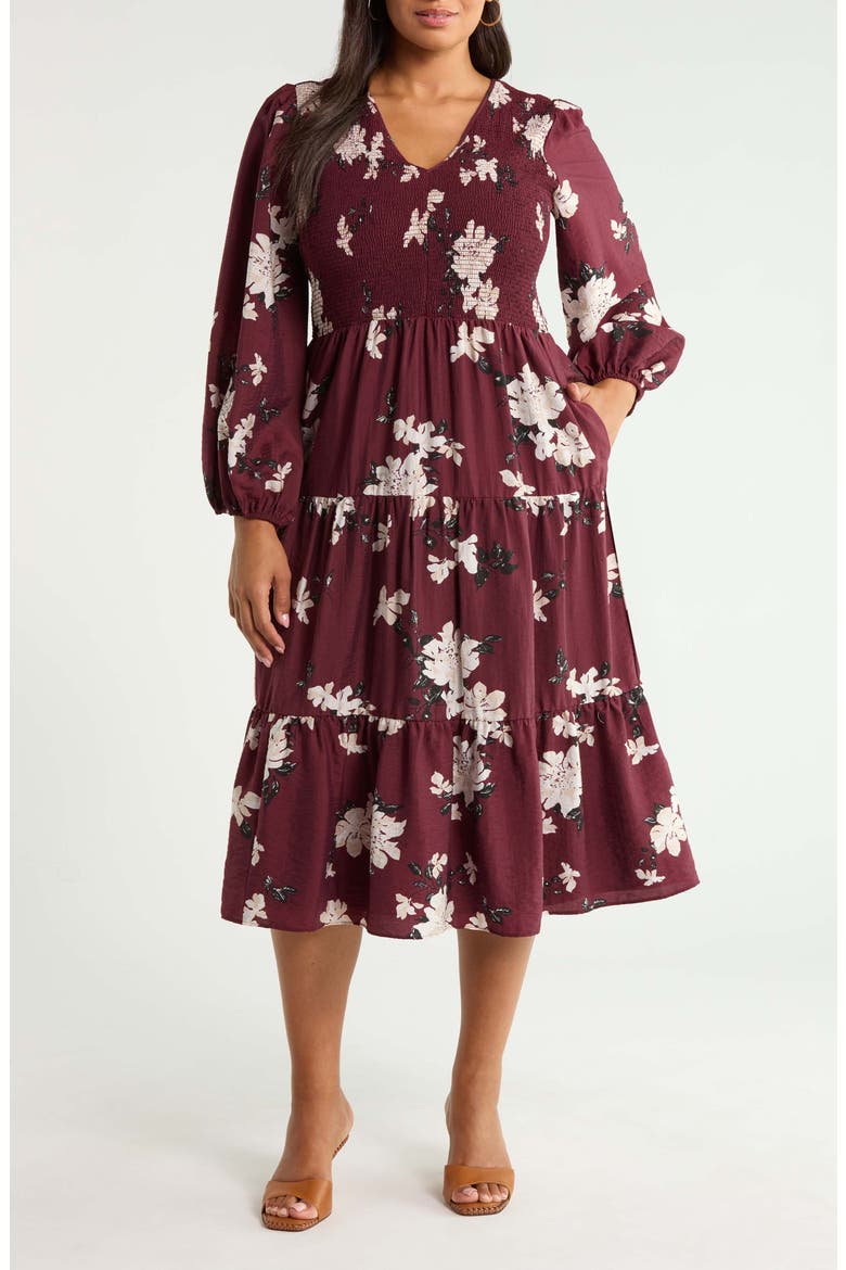 Smocked Midi Dress, Main, color, BURG- IVORY ALLI FLORAL