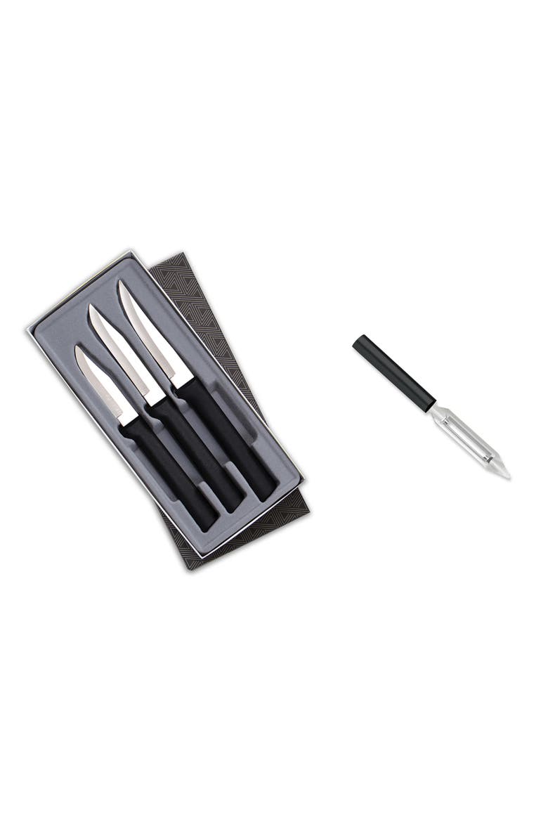 3 Piece Paring Knives Galore Set & 1.75-Inch Swivel Vegetable Peeler, Main, color, Black