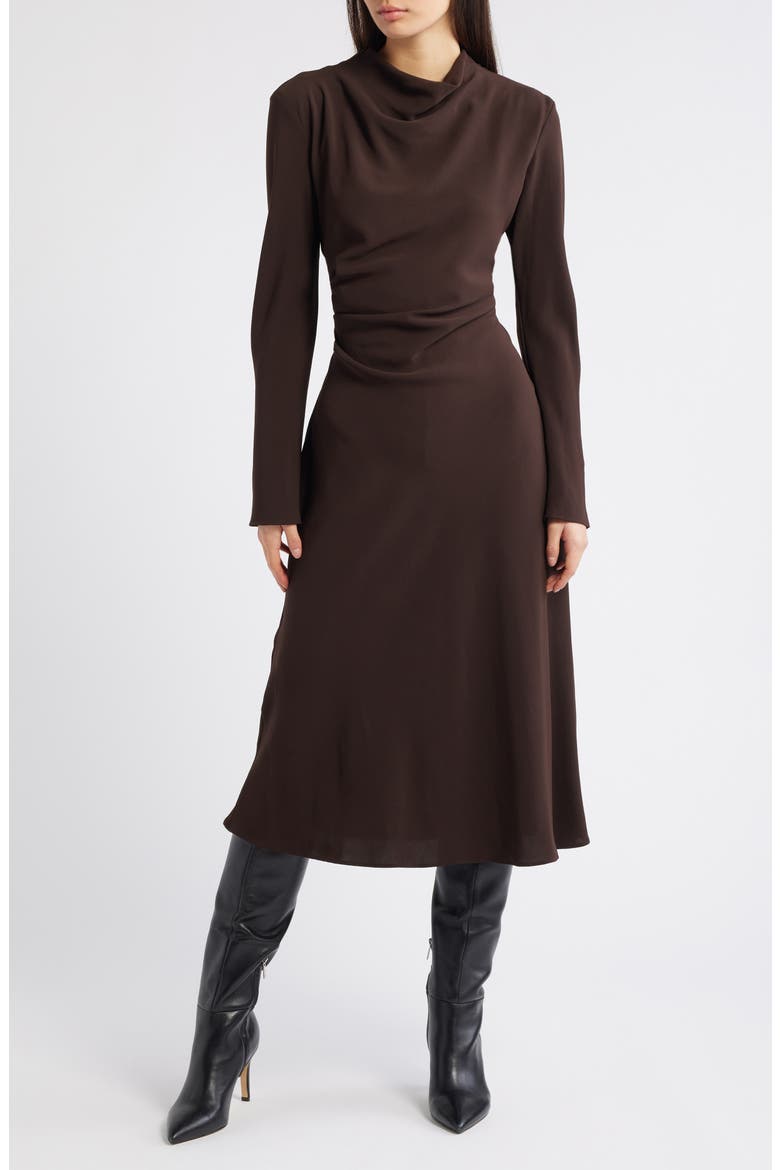 Caro Ruched Long Sleeve Midi Dress, Main, color, CHOCOLATE
