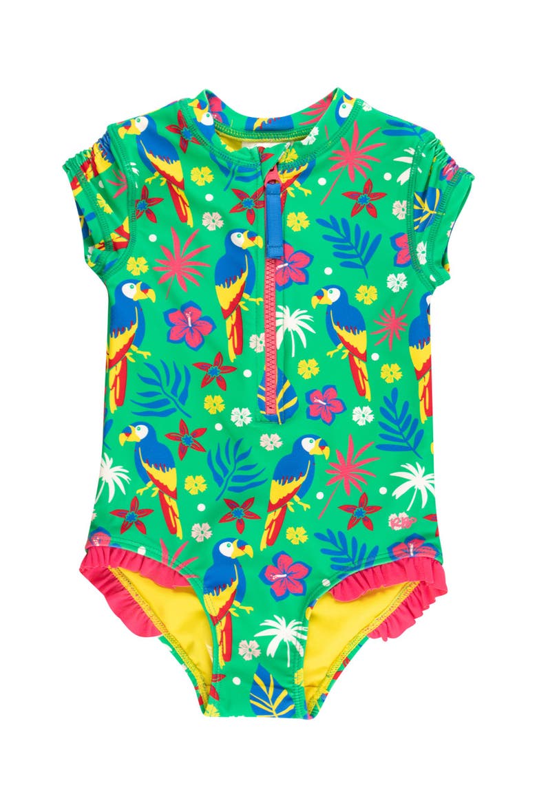 Girls Short Sleeve UPF50+ One Piece Rash Guard, Main, color, Parrot Palms