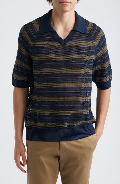 Cale 60056 Stripe Johnny Collar Openwork Linen & Cotton Polo Sweater