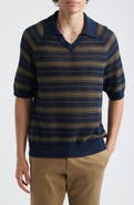 NN07 Cale 60056 Stripe Johnny Collar Openwork Linen & Cotton Polo Sweater