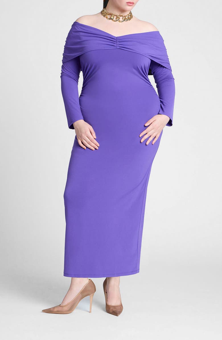 ELOQUII Off the Shoulder Long Sleeve Body-Con Maxi Dress, Main, color,