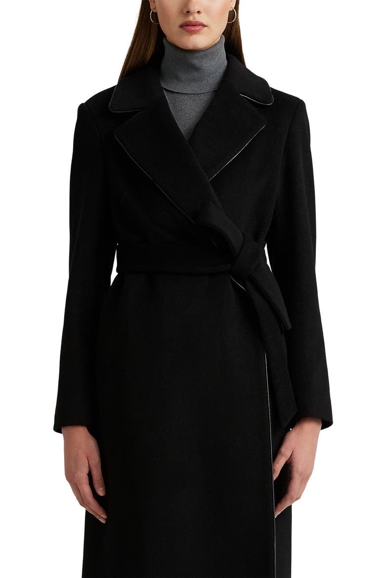 Wool Blend Coat with Faux Leather Piping, Alternate, color, BLACK