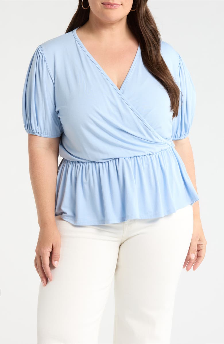 Loveappella Surplice Peplum Top, Main, color, Sky