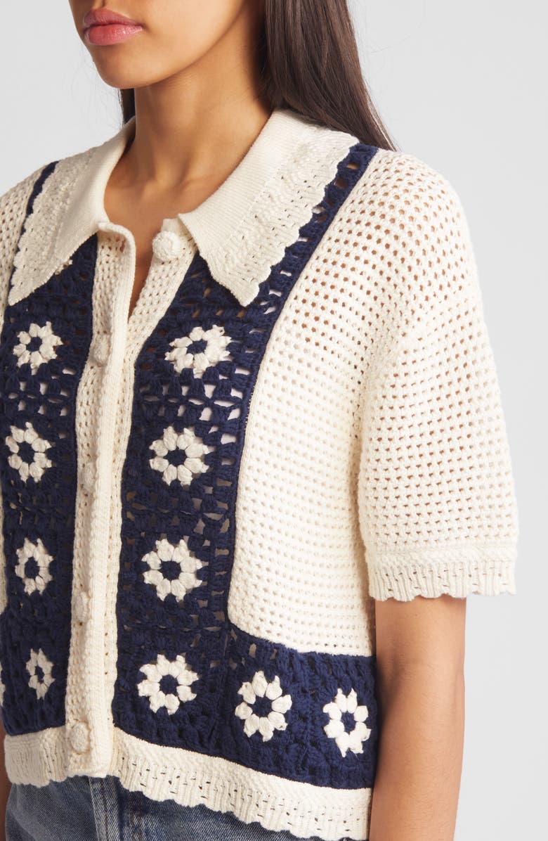 Rails Milan Crochet Accent Open Stitch Short Sleeve Cotton Sweater, Alternate, color,