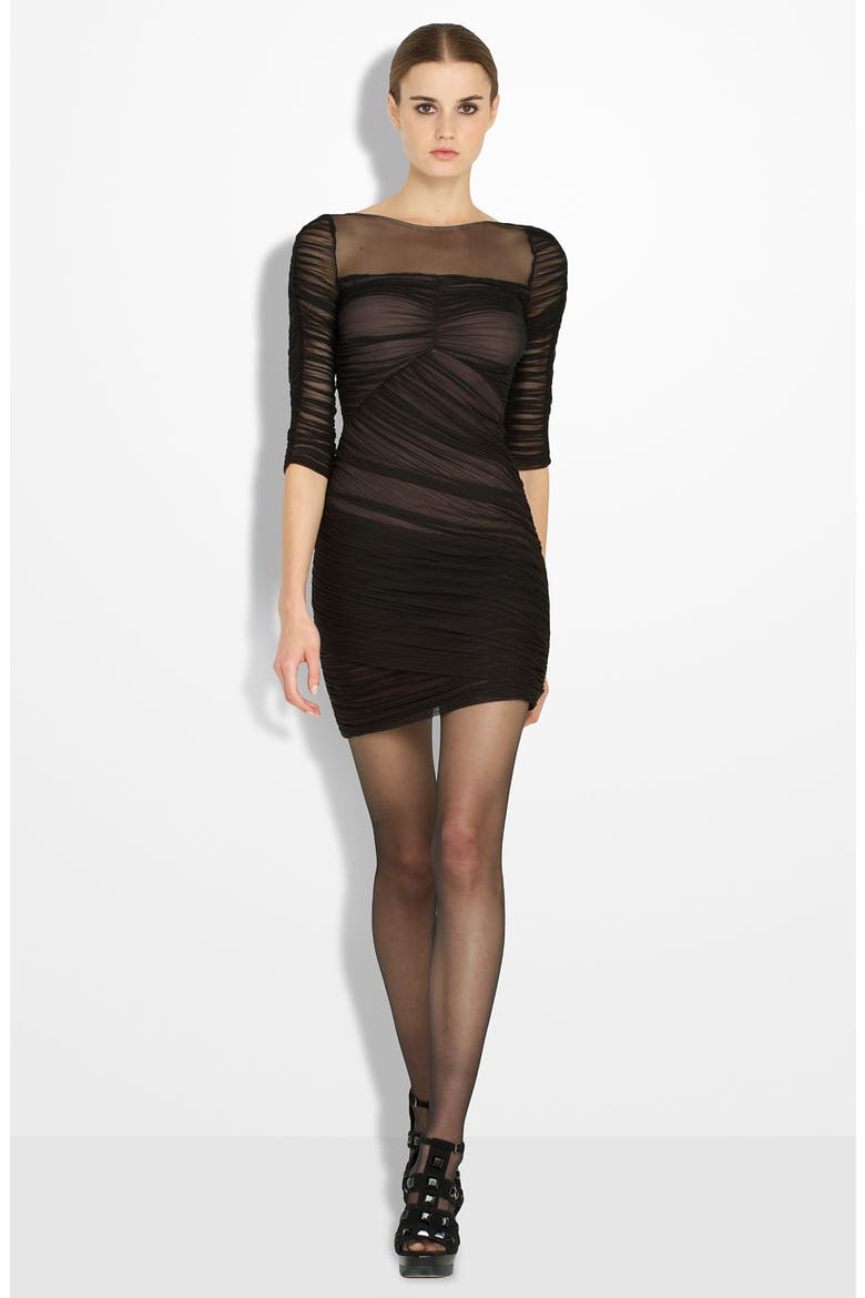 Illusion Bodice Ruched Sheath Dress, Main, color, BLACK COMBO