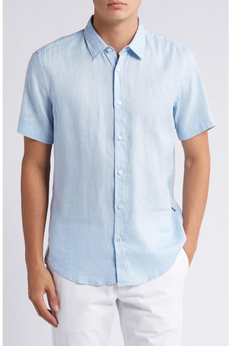 Liam Slim Fit Solid Short Sleeve Linen Blend Button-Up Shirt, Main, color, LT PAST/BU