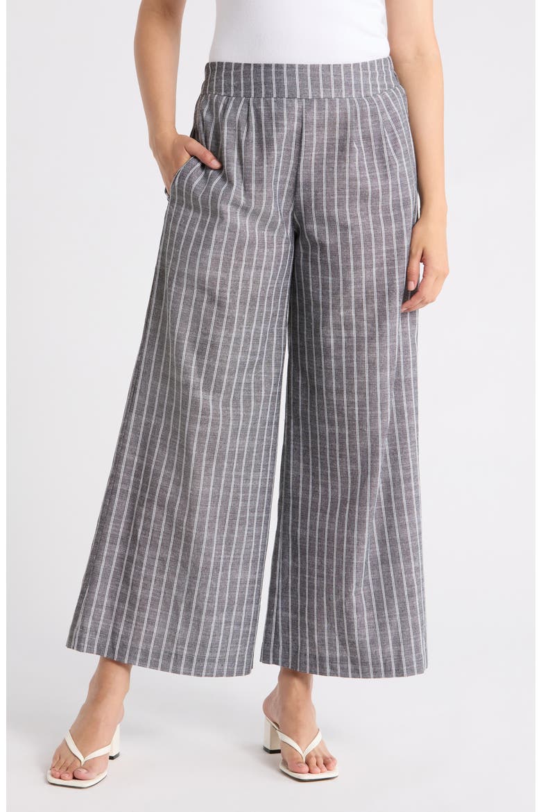 Stripe Linen & Cotton Wide Leg Pants, Main, color, BLACK