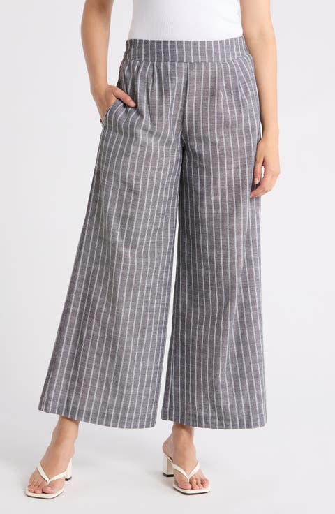 Stripe Linen & Cotton Wide Leg Pants