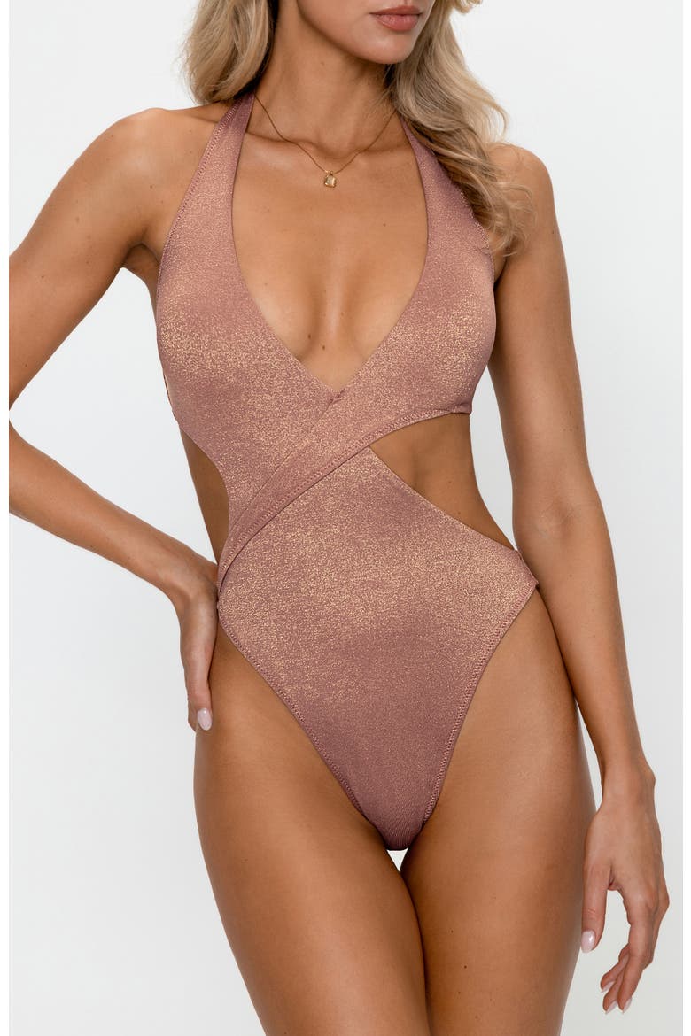 Shimmer Asymmetric Halter Monokini One-Piece Swimsuit, Alternate, color, Shimmer Mauve