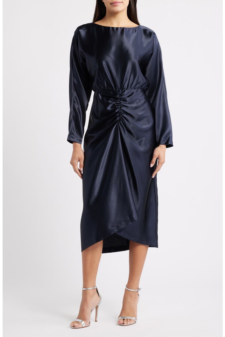 Long Sleeve Satin Cocktail Midi Dress, Main, color, NAVY