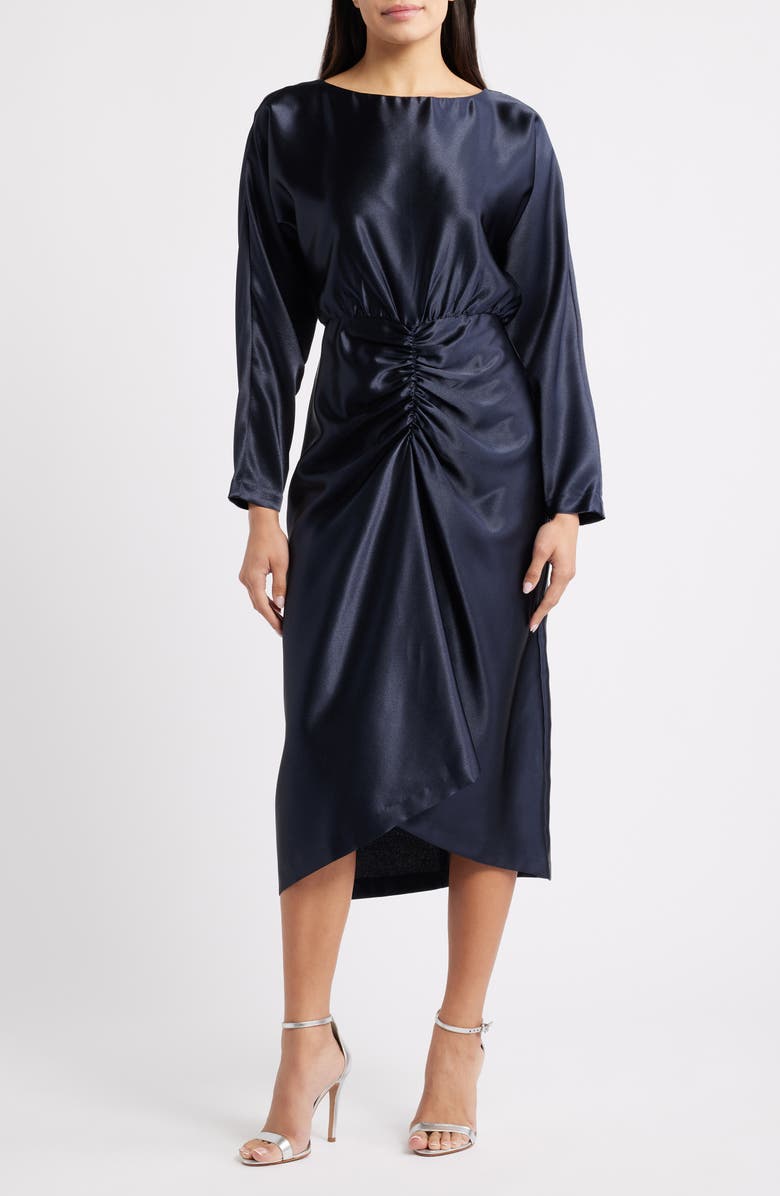 Julia Jordan Long Sleeve Satin Cocktail Midi Dress, Main, color, Navy