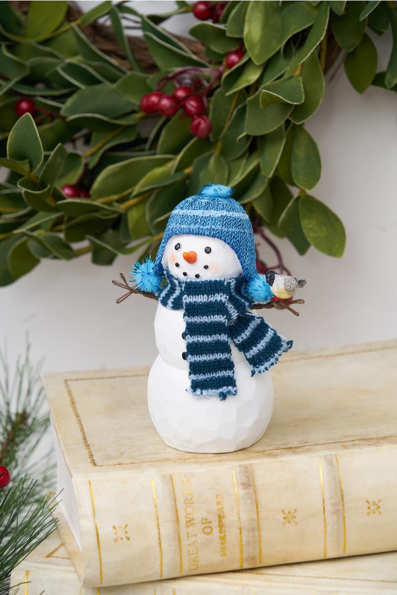Plaid Scarf Snowman Chickadee Small Christmas Figurine, Alternate, color, Blue