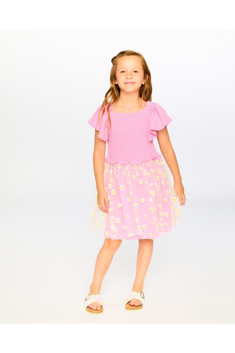 Mesh and Crinkle Jersey Smocking Dress, Alternate, color, Pink