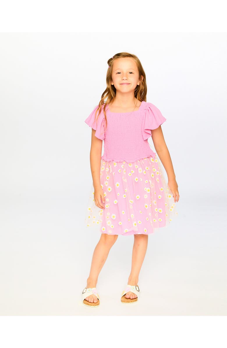 Deux par Deux Mesh and Crinkle Jersey Smocking Dress, Alternate, color, Pink