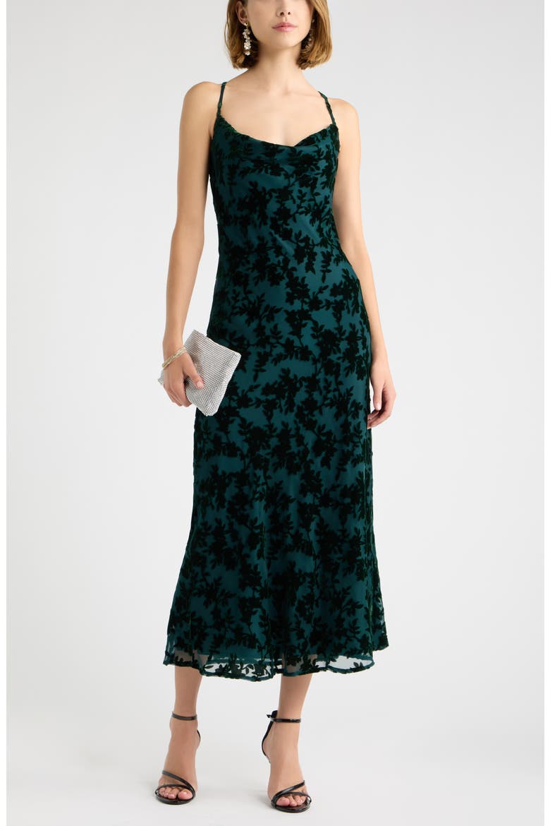 Flocked Velvet Midi Dress, Alternate, color, GREEN PONDEROSA