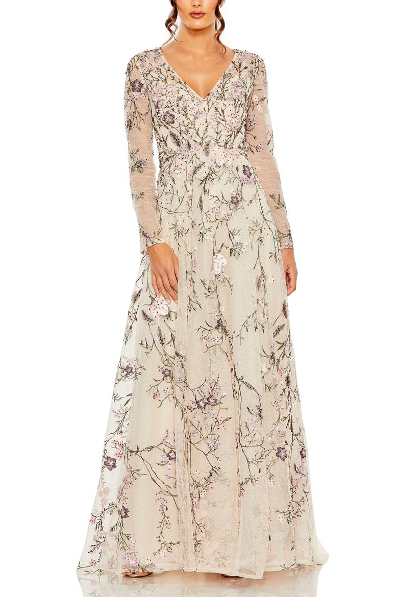 Women's V Neck Long Sleeve Embroidered A Line Gown, Main, color, Blush