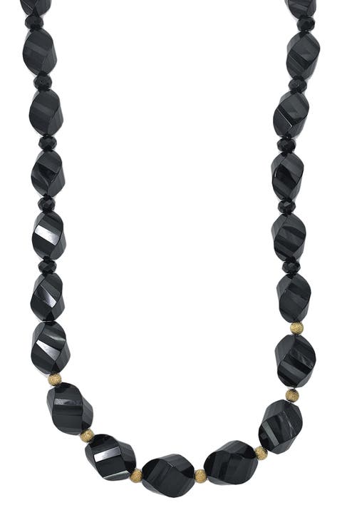 14K Yellow Gold Onyx Beaded Necklace