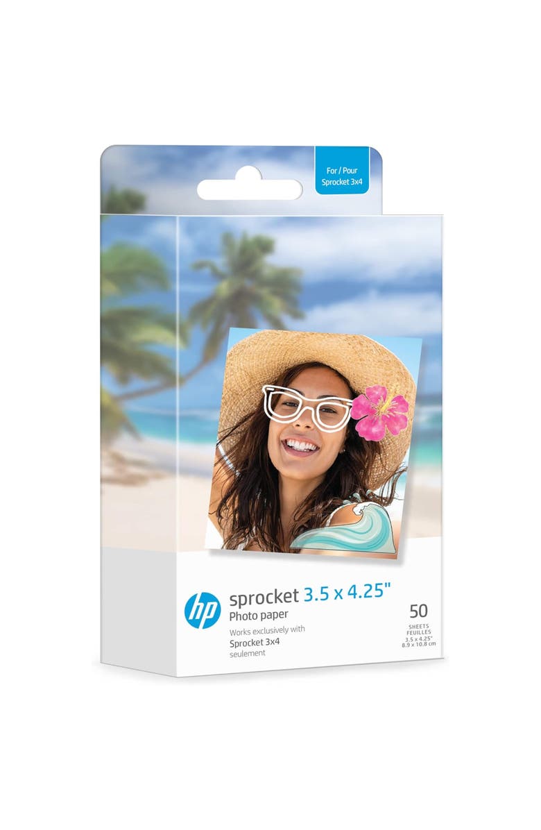 HP Sprocket 3.5x4.25" Zink Sticky-backed Photo Paper (50 Pack) for the HP Sprocket 3x4 Photo Printer, Main, color, 50-Pack