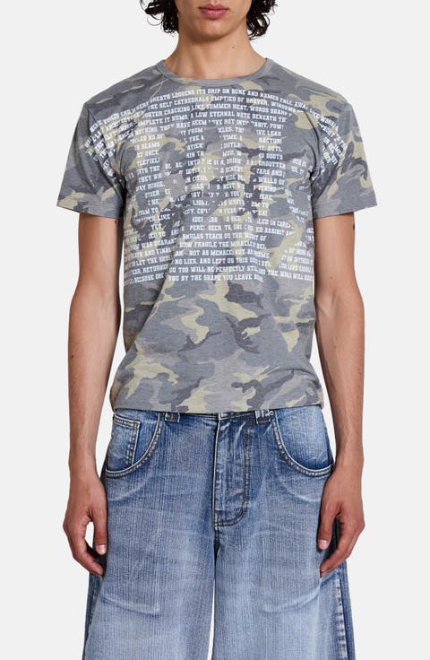 Skull Text Camo Print Graphic Ringer T-Shirt