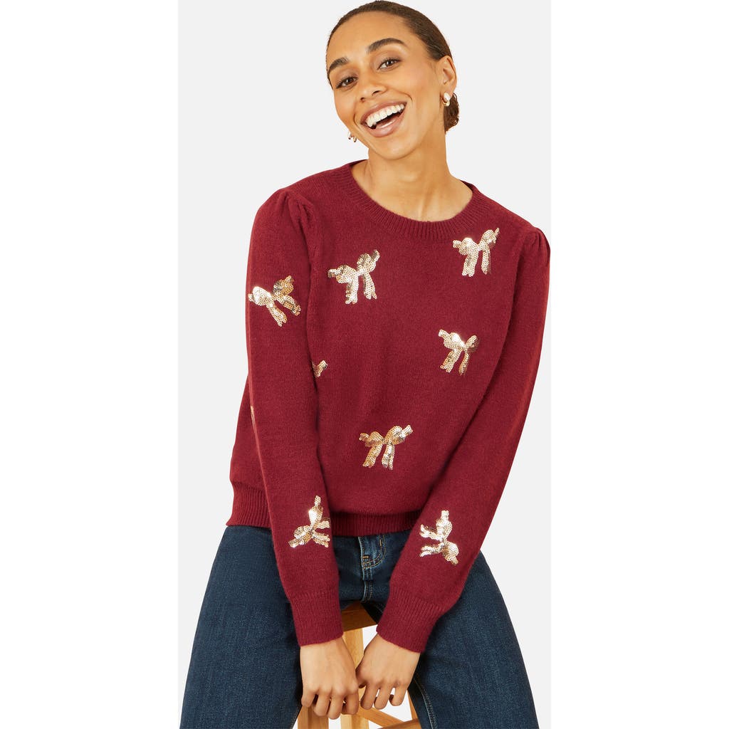 Yumi Sequin Applique Bow Sweater In Burgundy