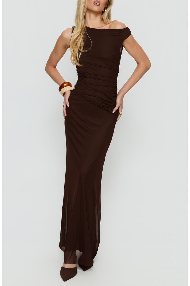 Krystyna Mesh Maxi Cocktail Dress, Main, color, CHOCOLATE