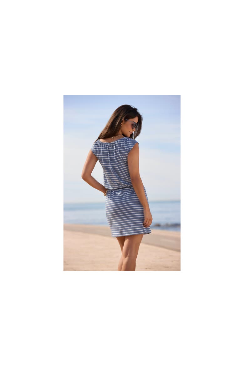 Tie Neckline Dress, Alternate, color, Blue & White