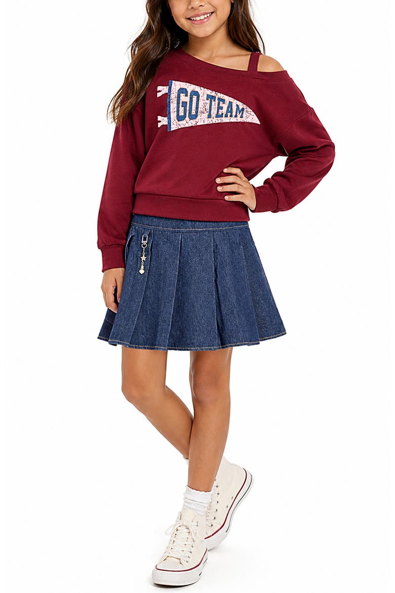 Kids' French Terry Sweatshirt & Pleated Denim Skirt Set, Alternate, color, BURGUNDY