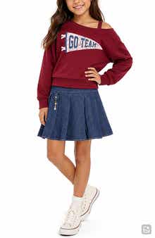 Kids' French Terry Sweatshirt & Pleated Denim Skirt Set