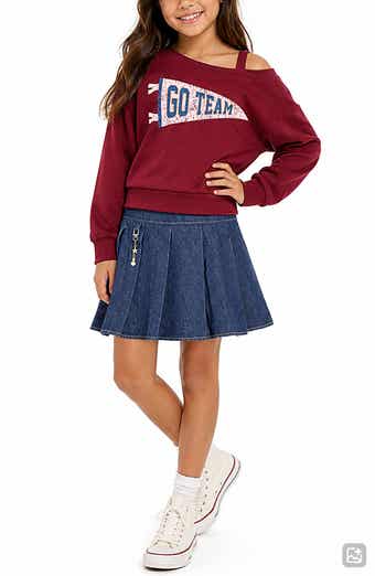 Kids' French Terry Sweatshirt & Pleated Denim Skirt Set